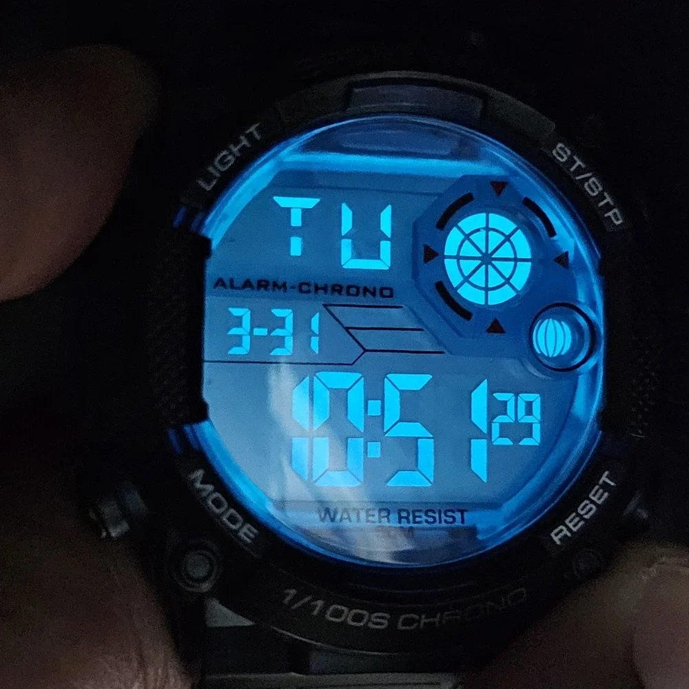 Men's Sports‎ Digital Watch 50MM Day Date Light Black Plastic Bands Working